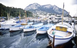 Traditional wooden boats in the harbor at Grand Marina, on the Italian island of Capri, in the Mediterranean